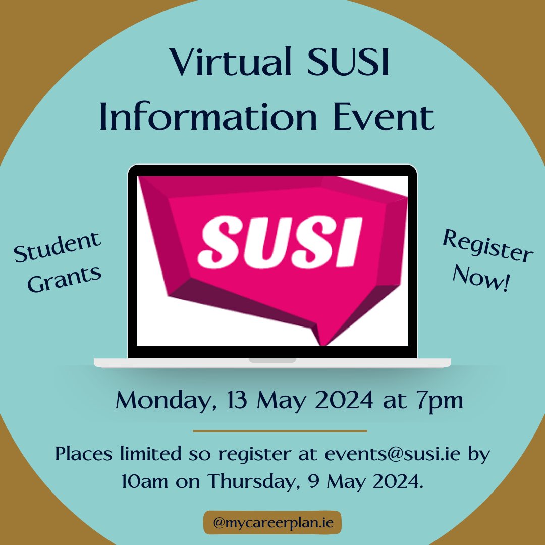 💻Join the SUSI Virtual Information Event on Monday, 13th May
‼️ Places are limited so be sure to secure yours now by registering at events@susi.ie by 10am on Thursday, 9 May 2024.

‼️ Make sure to tag any Leaving Cert students or parents you know! 

#grants #leavingcert2024