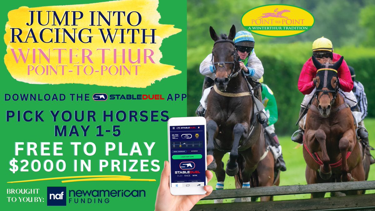 StableDuel's tweet photo. Excited to #JumpIntoRacing again with @WinterthurMuse Point to Point races Sunday May 5th! 

FREE TO PLAY with $2000 in prizes - watch LIVE and experience steeplechase racing at its best. 

Brought to you by @NewAmericanTeam Funding https://t.co/KS13HYgssu