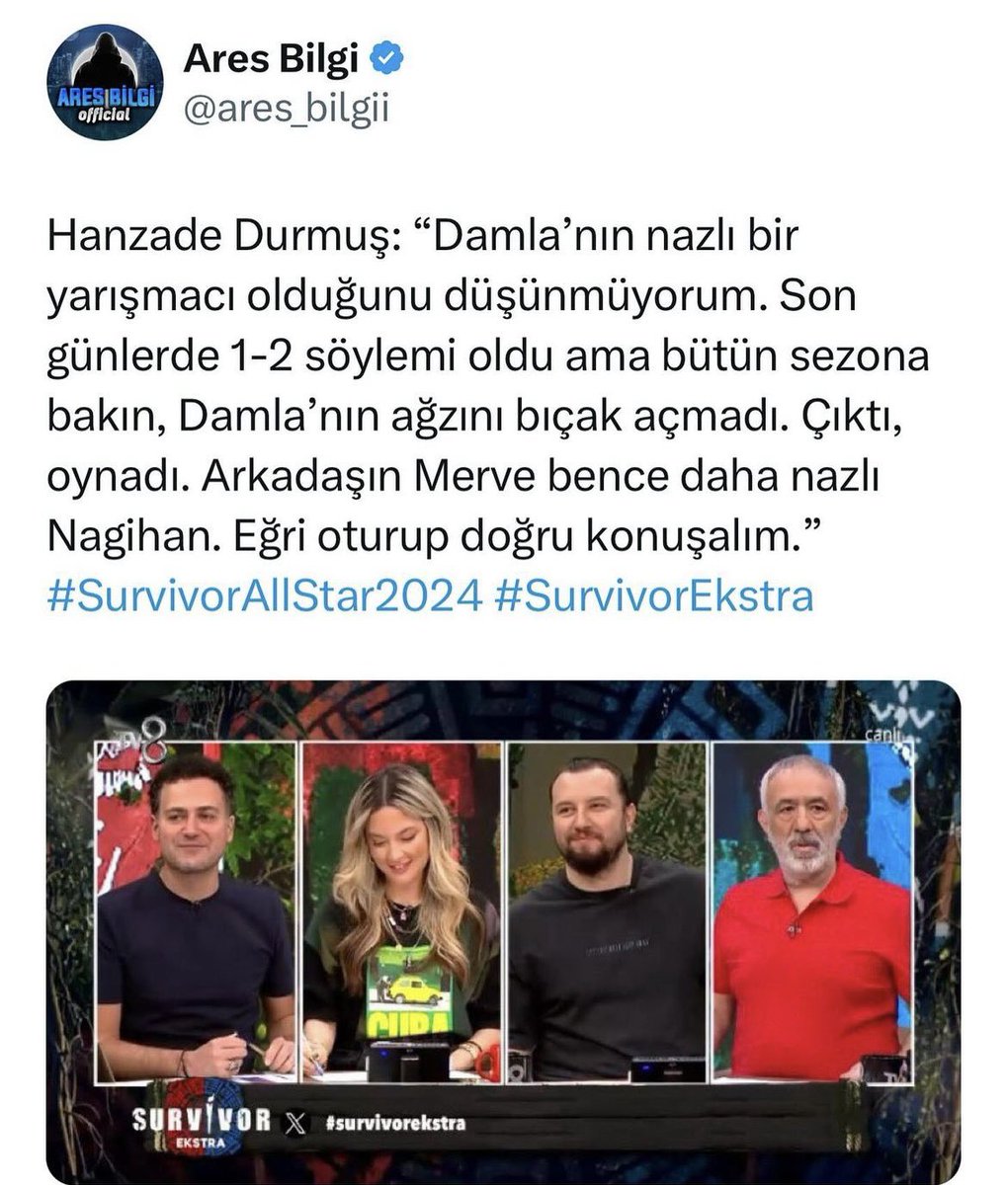 Hanzade sana ne oluyor hiç vasfın yok survivor da çok başarısı olan kadına nazlo diyorsun merve aydın sakat olmasına rağmen her oyuna çıktı katıldığı her sezonda çıktı ve aldı oyunlarını damla dediğin kişidr hep oyundan kaçtı yok kolum ağrıyor yok buram ağrıyor <a href="/hanzadedurmus/">HANZADE OFLUOGLU</a>