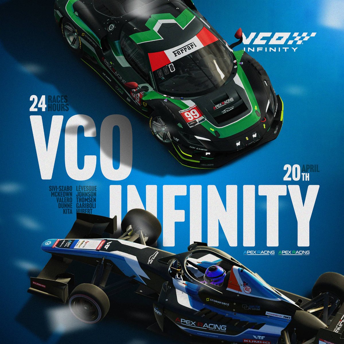 #vcoinfinity - Ready for a BIG weekend! ♾️ 24 hours, 24 races, 5 cars & 5 tracks. Both our teams are set for @vcoesports Infinity!  ⏰ Saturday, 18:00 BST #apexracingteam #iracing