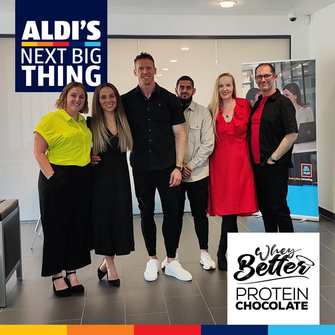 One week to go until you see us on @AldiUK’s Next Big Thing. Thanks to our friends at @WheybetterUK  for this lovely picture of some of us from our episode.
Don’t forget to tune in tonight - there will be a quick glimpse of our episode at the end. 🫣😂 #aldisnextbigthing