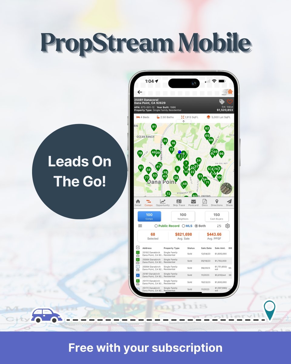 Looking for deals while driving? Using the PropStream Mobile App will have you thriving! 🚗 If you haven't tried our mobile app, free download is available on the app store and Google Play with your PropStream subscription: hubs.la/Q02sJ6P30