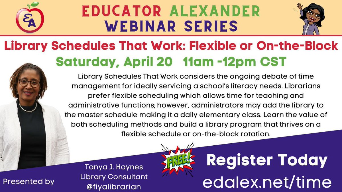 educatoralex's tweet photo. 📢Library Schedules That Work: Flexible or On-the-Block

Sat., Apr 20
11a-12p cst

☑️https://t.co/7ImwHrABHB

#futurereadylibs #librarian #librarytwitter #library #ala #yalsa #librarylife #books #aasl #infolit #globaltl #tlchat #tlelem #istelib #aisl #LoveLibraries @fiyalibrarian https://t.co/AzzcXQBQv1