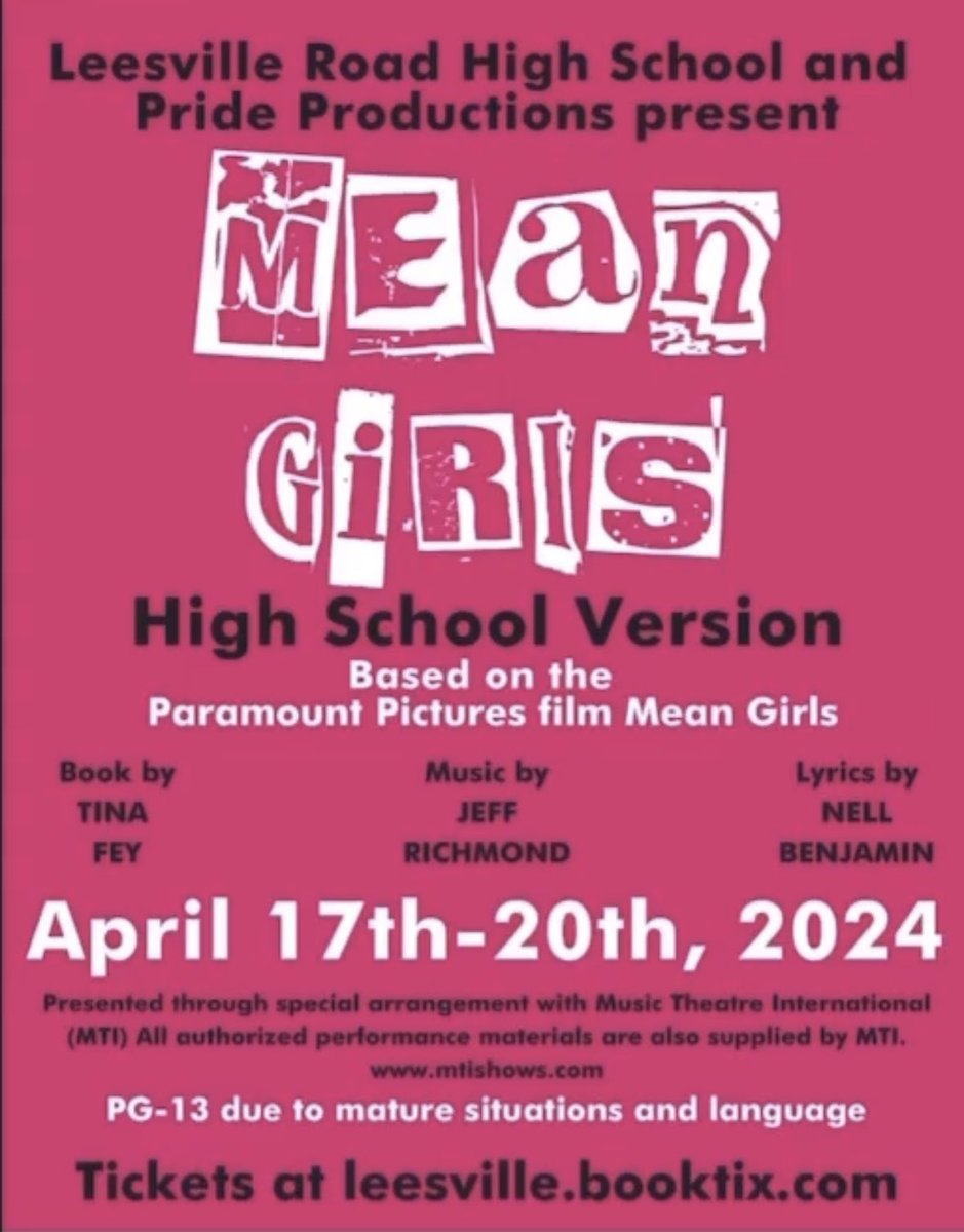 Mean Girls opening night is only 2 days away. Don’t forget the new bag policy and don’t forget to purchase tickets today. Tickets are almost sold out. leesville.booktix.net