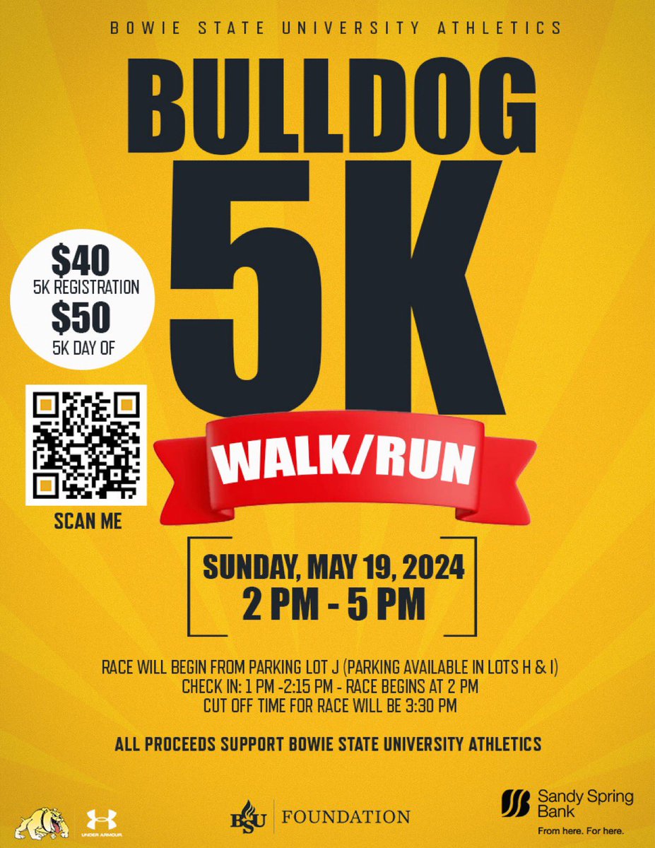 🚨Bulldog Nation🚨 We’re hosting our inaugural 𝗕𝘂𝗹𝗹𝗱𝗼𝗴 𝟱𝗞 𝗥𝗮𝗰𝗲 fundraiser on May 19 at 2 p.m. on the beautiful campus of Bowie State University! BSU Athletics needs your support by registering for the event at shorturl.at/oE249 #BulldogNation #BiteDown