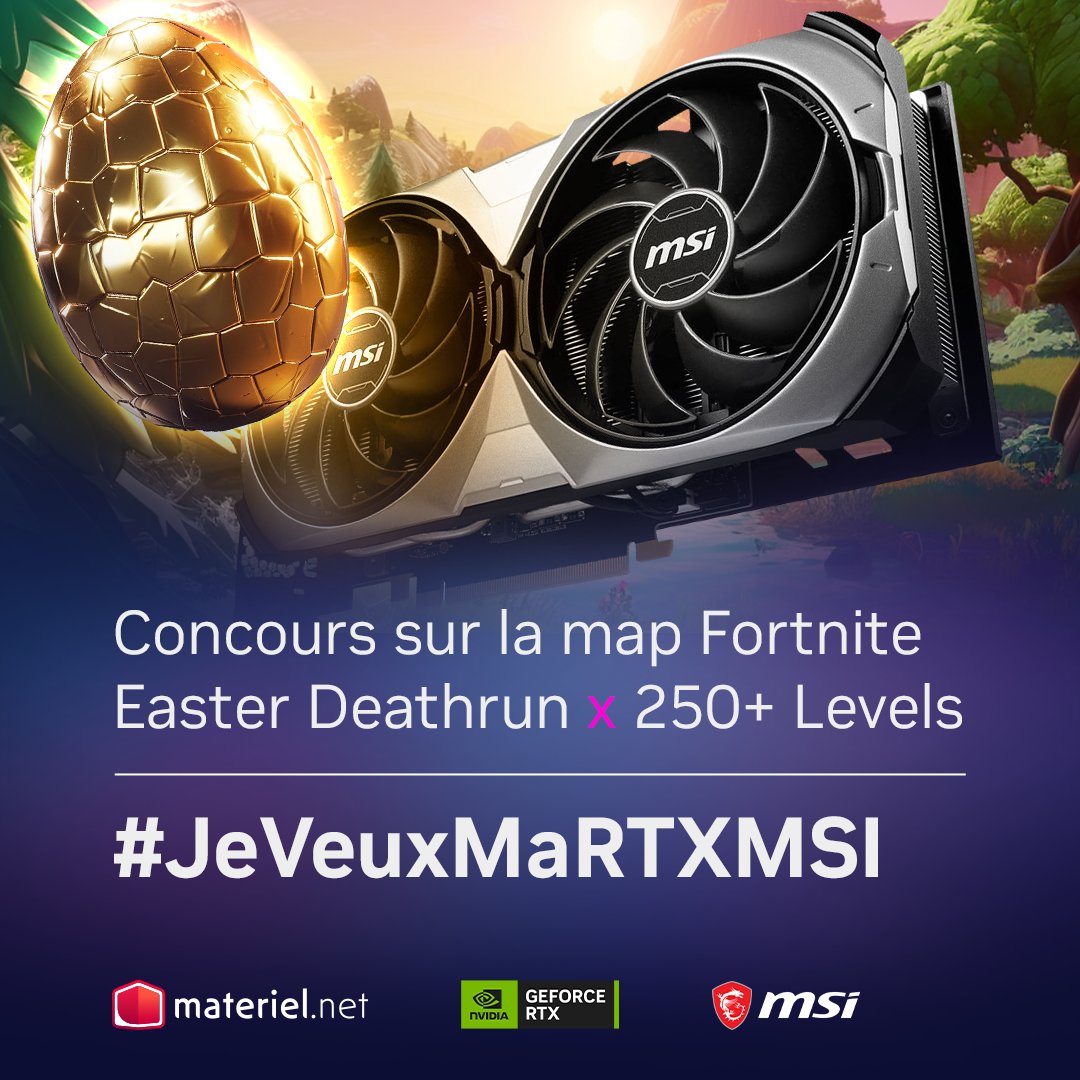 msifrance's tweet photo. RDV sur #Fortnite  pour claquer votre meilleur temps sur la map développée par l'équipe de @Nanxss et tentez de remporter d'incroyables cadeaux dont des cartes graphiques GeForce RTX Série 40  !

🎁ici >> https://t.co/mKPjZBNXAz

🗺️ Code map : 5383-2436-5990

🛠️ par @cubestudiosf & @initial_agency