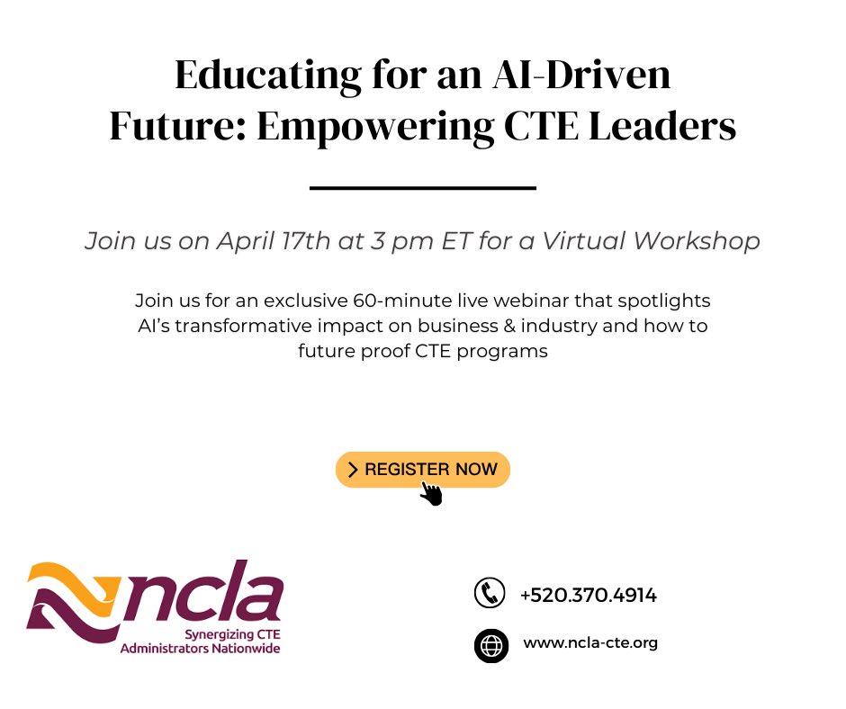 Join us tomorrow, April 17, 3PM ET for a free webinar, 'Educating for an AI-Driven Future: Empowering CTE Leaders.' @RachaelEdu will share AI's impact on education & workforce, with tools & strategies for CTE leaders. #AI #Careerteched Register here: us06web.zoom.us/webinar/regist…