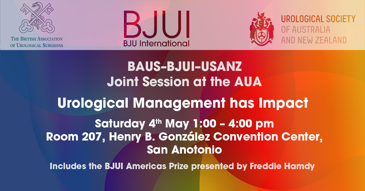 BAUS at the AUA Join us for the BAUS-BJUI-USANZ Joint Session 1-4 on Saturday 4 May Details via: ow.ly/E6p750Rh23e Chairs: @JoCresswell4 @Freddie_Hamdy @VaibhavModgil @mcneill_alan Speakers: @Mehwash_Nadeem @mariasatchi @BSoT_UK @BURSTurology @IPearce82 @joeuro