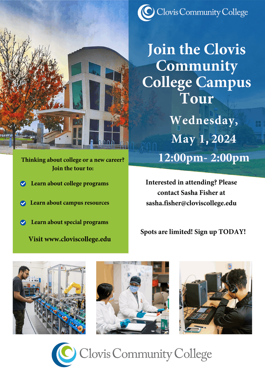Join Clovis Community College for their upcoming Campus Tour!

When: Wednesday, May 1, 2024
Time: 12:00 to 2:00 PM

Contact Sasha Fisher at sasha.fisher@cloviscollege.edu for more information. 

#SCAEC #AdultEducation #ClovisCommunityCollege #College #Career