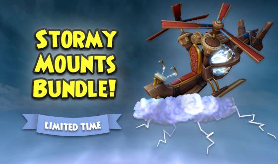Storm's a brewin'! 🌧️ Now through 4/21, the Stormy Mounts Bundle is available in the Crown Shop! This special limited-time bundle includes the Storm Brume Mount, Cast Symbol Storm Mount, Junk-Copter Mount, Arcus Cloud Mount, and Rugged Seahorse Mount. #Wizard101
