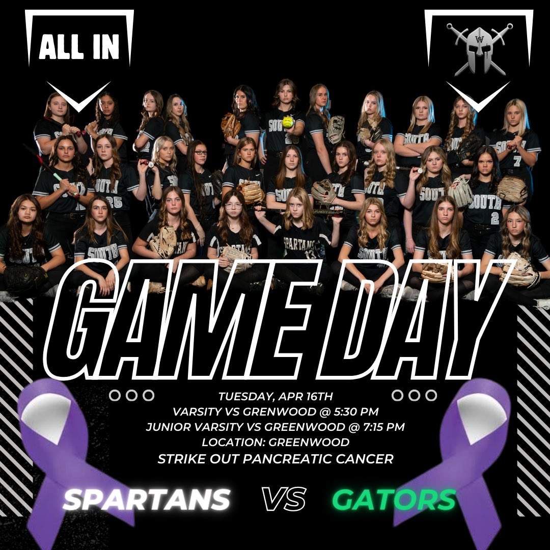 SWSoftball's tweet photo. 💥TONIGHT 💥 Your SPARTANS will travel to Greenwood for the first district match up of the season! Let’s bring a BIG SPARTAN crowd! 🖤⚔️

🥎🥎 GO SOUTH 🥎🥎
#allin 
#cancerawarenessnight 💜 https://t.co/0MfmbxEHZb