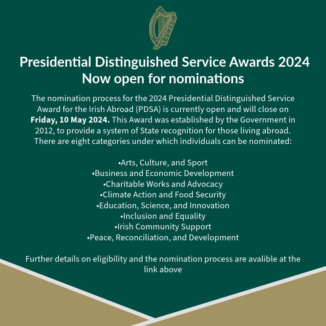 🚨 The nomination process for the 2024 Presidential Distinguished Service Award for the Irish Abroad is currently open & will close on Friday, 10 May 2024 🚨 Click below for further info & contact us at atlantacg@dfa.ie if you have any questions ireland.ie/en/irish-diasp…