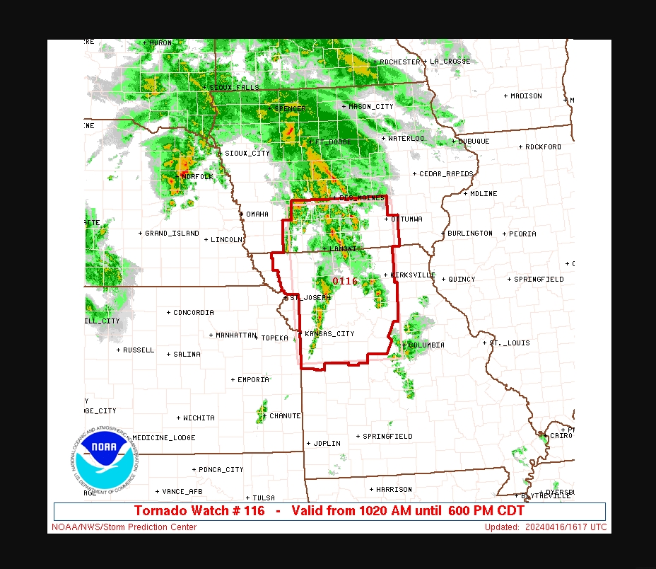 #TornadoWatch 

URGENT - IMMEDIATE BROADCAST REQUESTED
   Tornado Watch Number 116
   NWS Storm Prediction Center Norman OK
   1020 AM CDT Tue Apr 16 2024

   The NWS Storm Prediction Center has issued a

   * Tornado Watch for portions of 
     Southern Iowa
     Western and