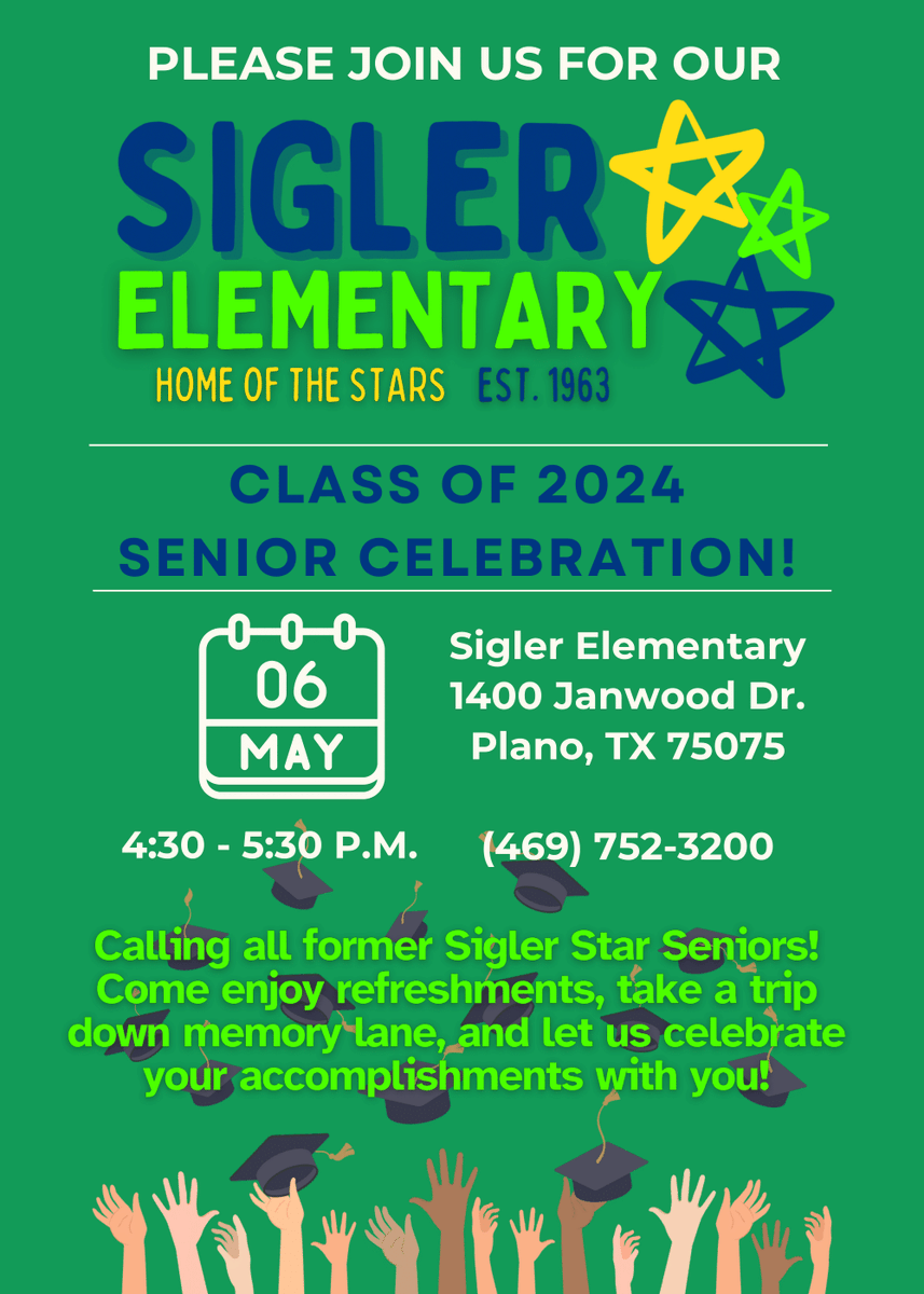 Calling all former Sigler Stars who are in the Class of 2024! Join us on Monday May 6th to celebrate your accomplishments and reconnect with other Stars. ✨💚💙