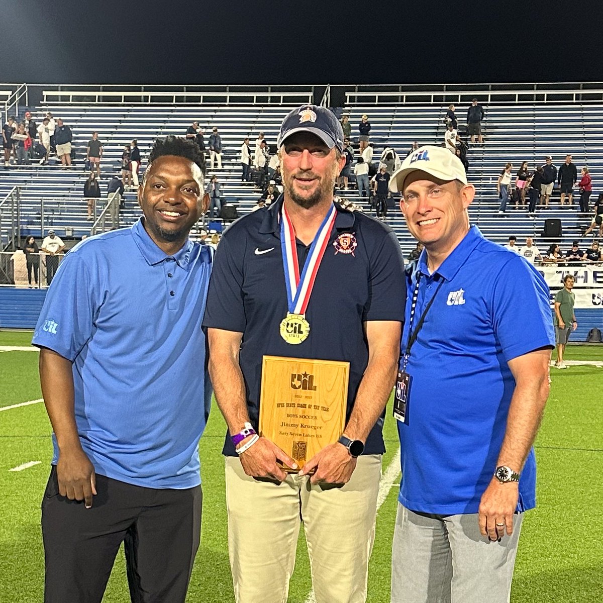 We were proud to present Coach Jimmy Krueger (@SLsoccer) with his award for being named the @NFHS_Org Boys Soccer State Coach of the Year at #UILState on Saturday. Congrats on this well-deserved achievement, Coach!