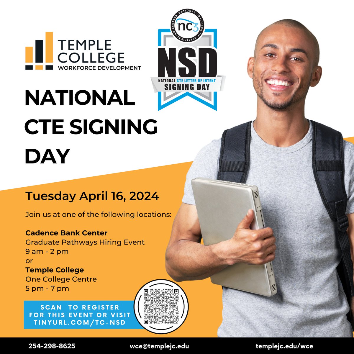 TODAY'S THE DAY! National CTE Signing Day. Visit the Graduate Pathways Hiring Event at the Cadence Bank Center until 2 p.m. or Temple College's One College Center from 5-7 p.m. Learn more: bit.ly/3TnfpLy #yourcommunityscollege