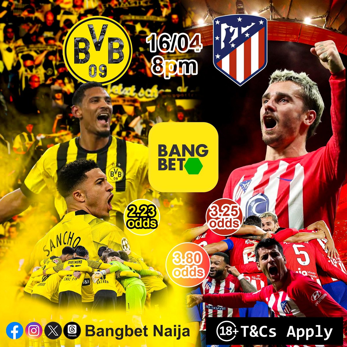 BangbetNaija's tweet photo. ✍️It's another epic match tonight! Dotmond vs Atletico Madrid.

Make your predictions via https://t.co/b8jFxyg0F9

🔞 T&amp;C Applies Bet Responsibly

#Championshion #Dotmond #Atletico #Bangbet https://t.co/3XtZmS8wCq