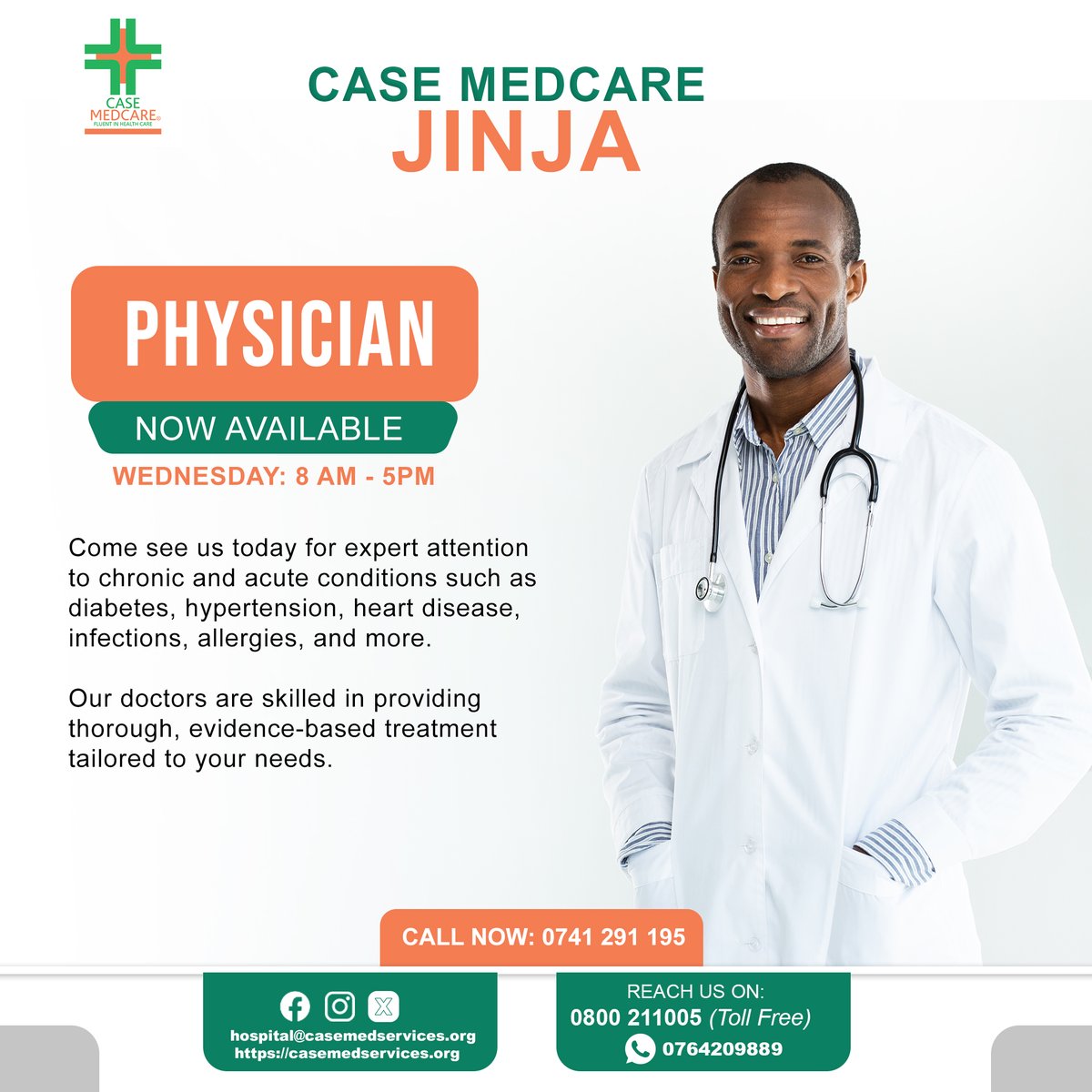 Greetings Jinja residents, We're pleased to inform you that the Physician will be available tomorrow at Case Medcare Jinja from 8:00 am to 5:00 pm. Don't miss the opportunity to visit us or schedule an appointment by calling 0741 291 195. #FluentinHealthcare #Jinja