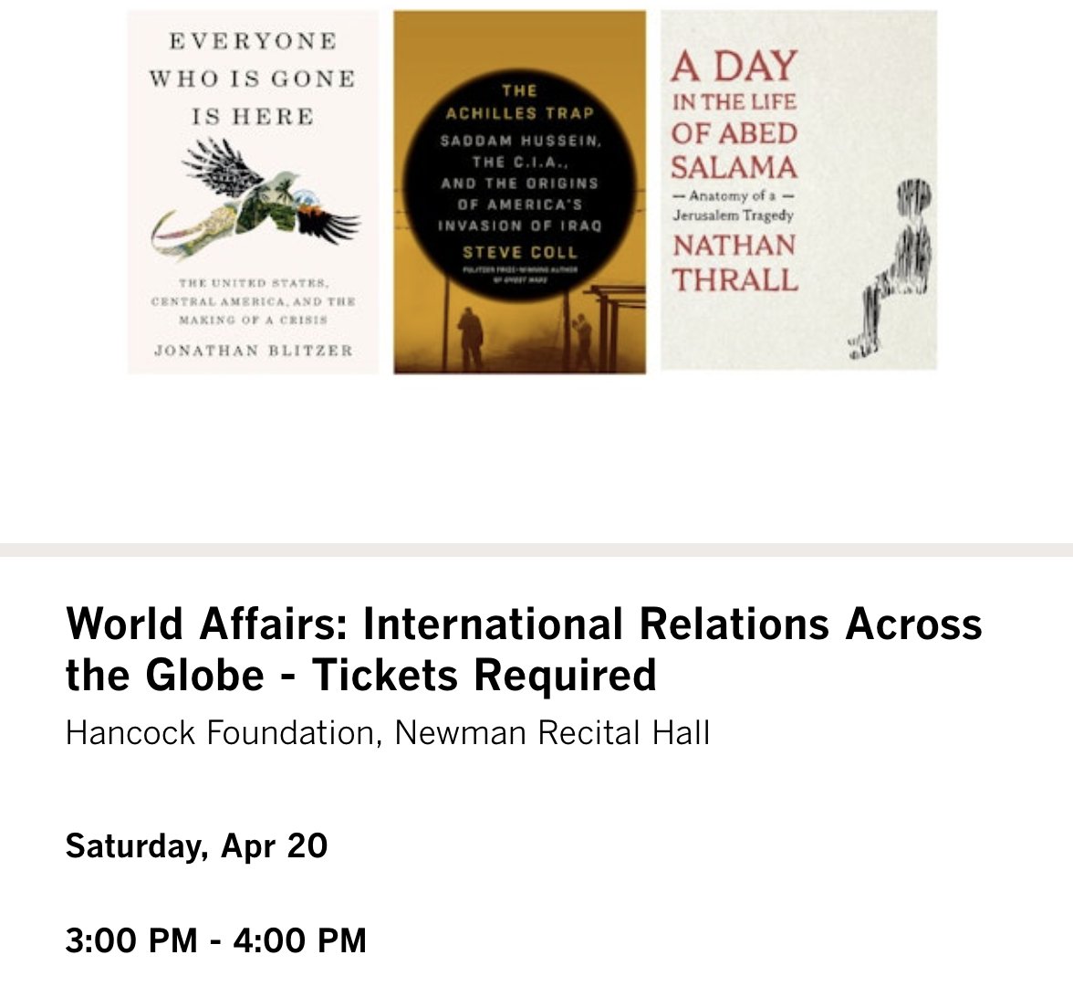 Really looking forward to this panel—this weekend!—at the @latimesfob. With @NathanThrall and Steve Coll. If you're in LA come join us! events.latimes.com/festivalofbook…