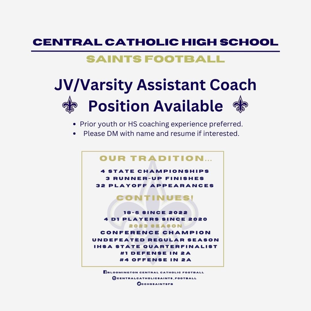 🚨ATTN COACHES: We are looking to add another coach to our staff. If you or someone you know is interested, please DM with name/resume ready. Go Saints⚜️ @EDGYTIM @IlliniPrairie @IHSFCA1