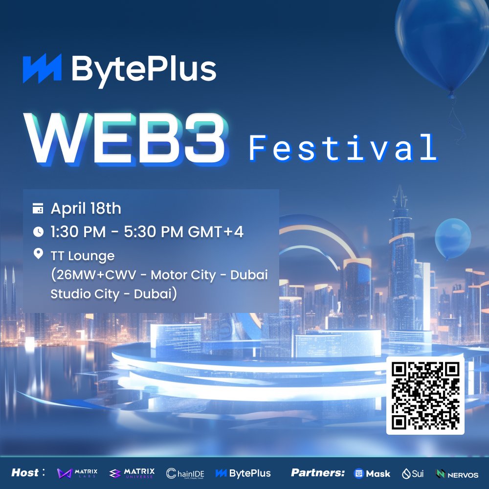 It's #TOKEN2049 week in Dubai and we're helping to kick it off by co-hosting the BytePlus Web3 Festival alongside BytePlus @0xMatrixLabs @ChainIDE and our partners @NervosNetwork @SuiNetwork @realMaskNetwork❗ Join us for an afternoon of exciting panels, engaging keynotes, and