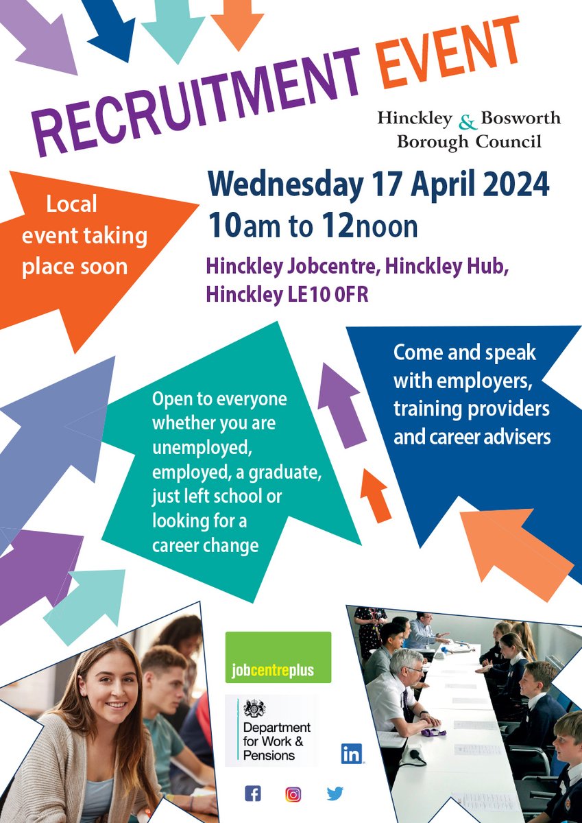 Don't miss: Recruitment event tomorrow (17 April) at Hinckley Jobcentre in the Hinckley Hub. Everyone welcome between 10am and 12 noon. Everyone welcome to come along and speak with employers, training providers and career advisers. #recruitment #jobs #careers