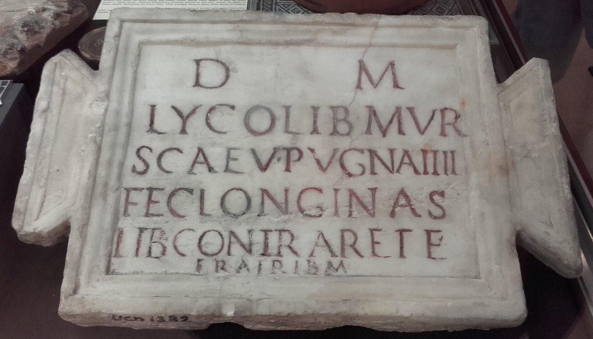 A #Roman funerary inscription dedicated to a former gladiator named Lycus ('wolf' 🐺), who impressed enough to be freed after just 4 combats, evidently surviving his time in the arena. His epitaph notes that, unusually, he fought left-handed #EpigraphyTuesday #Archaeology