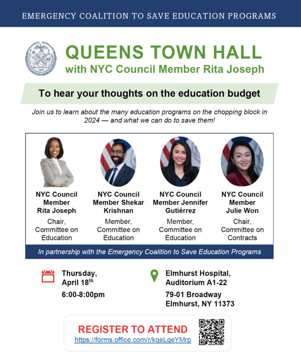 The @nyccouncil is fighting hard for working families, from fully funded schools to expanded preschool, afterschool, & summer programs for kids. Join us at this Town Hall on Thursday & tell us what you need!