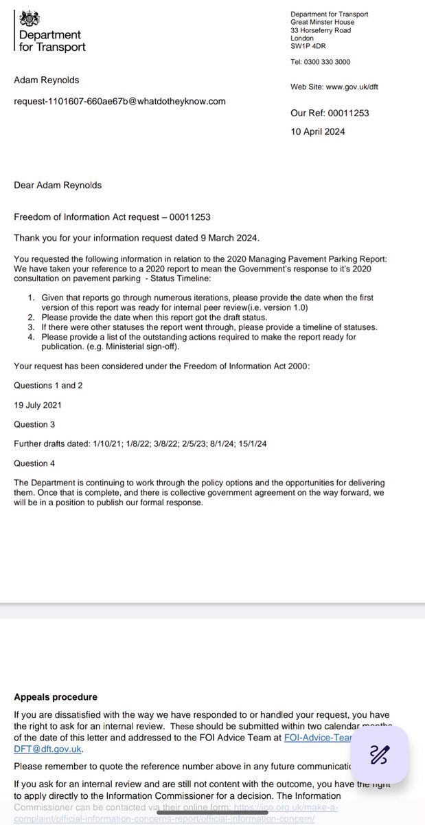 Managing Pavement Parking report first draft was 19th July 2021 Further drafts 1/10/21; 1/8/22; 3/8/22; 2/5/23; 8/1/24; 15/1/24 This just gets worse and worse. FYI @carltonreid @AfzalKhanMCR @KerryMP @livingstreets @Wheels4Well whatdotheyknow.com/request/managi…