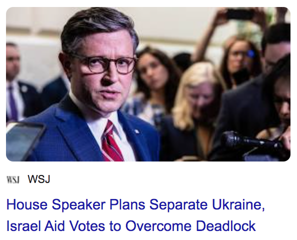 You forgot to put 'Deadlock' in quotation marks @KatyStech @siobhanehughes @natalieandrews.

Here, this is even better: 

House Speaker Blocks Foreign Aid for Months Before Unveiling a Bizarre Plan to Make Himself Stop Blocking Aid.