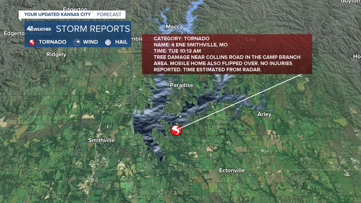 A brief tornado occurred near Smithville Lake around 10:15am Tuesday, damaging trees and flipping a mobile home. #mowx #Kcwx #tornado