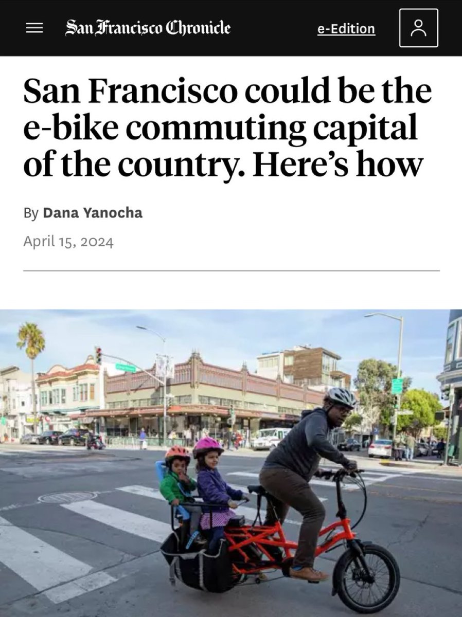 “Through incentives and better street design, [San Francisco] can [become the bike-commuting capital of the country].” “How can San Francisco […] become a more e-bike-friendly city? E-bike share, purchase subsidies and [a connected network of protected bike lanes].” Yes, this!