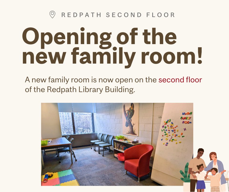 👋 New! The Library welcomes you to the Family Room, a new space for parents and guardians to enjoy quality time with their children right on campus. Learn more about the initiative & location: mcgill.ca/x/wUR. @mcgillu @McGillGradStudy @PGSS_McGill @McGillTLS #McGill 🧩