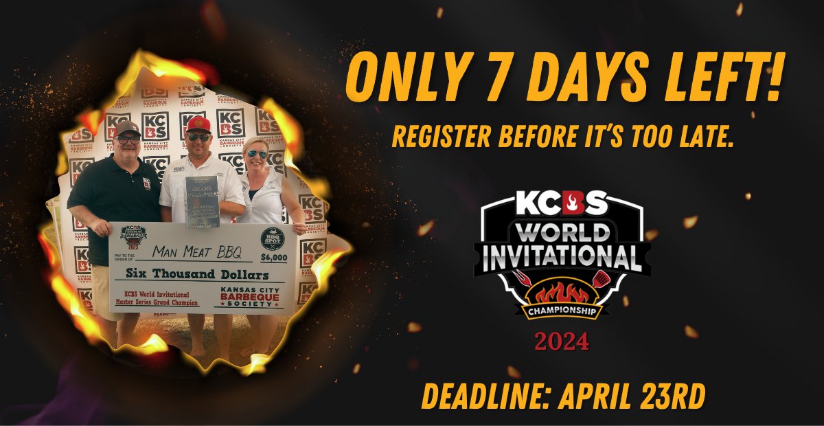 Deadline Alert! Only a week — that's right, ONLY 7 days — left to register for the 6th Annual KCBS World Invitational Championship! Don't throw away your shot at the title of World Champion! Deadline: Tuesday, April 23rd at 5 PM CST. mms.kcbs.us/members/evr/re…...