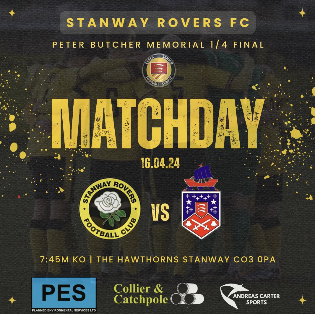 Kick-off 🔜 It’s Matchday at The StanCiro, a 1/4 final tie against @FC_Clacton We’d appreciate the support 🙌💛🖤 #WeAreStanway ⏰ 7:45pm 🏟 The Hawthorns | CO3 0PG 🎟 (A) £8| (C) £5| Kids: £2 🎫 Rovers YFC Players FREE 🍻 Clubhouse Open 🍔 #ScranWay Burger Bar Open