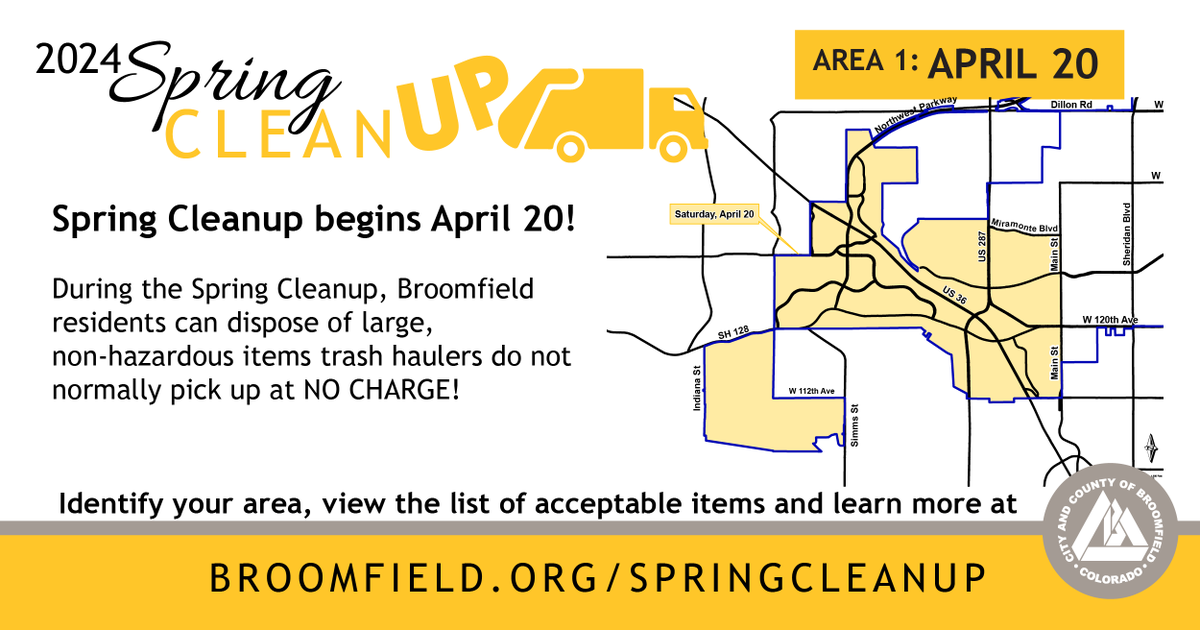 Spring Cleanup for Area 1 is this Saturday, April 20! Broomfield residents can dispose of large, non-hazardous items trash haulers do not normally pick up at NO CHARGE! Items should be placed in a visible location and labeled 'ARC'. Learn more at Broomfield.org/SpringCleanUp.