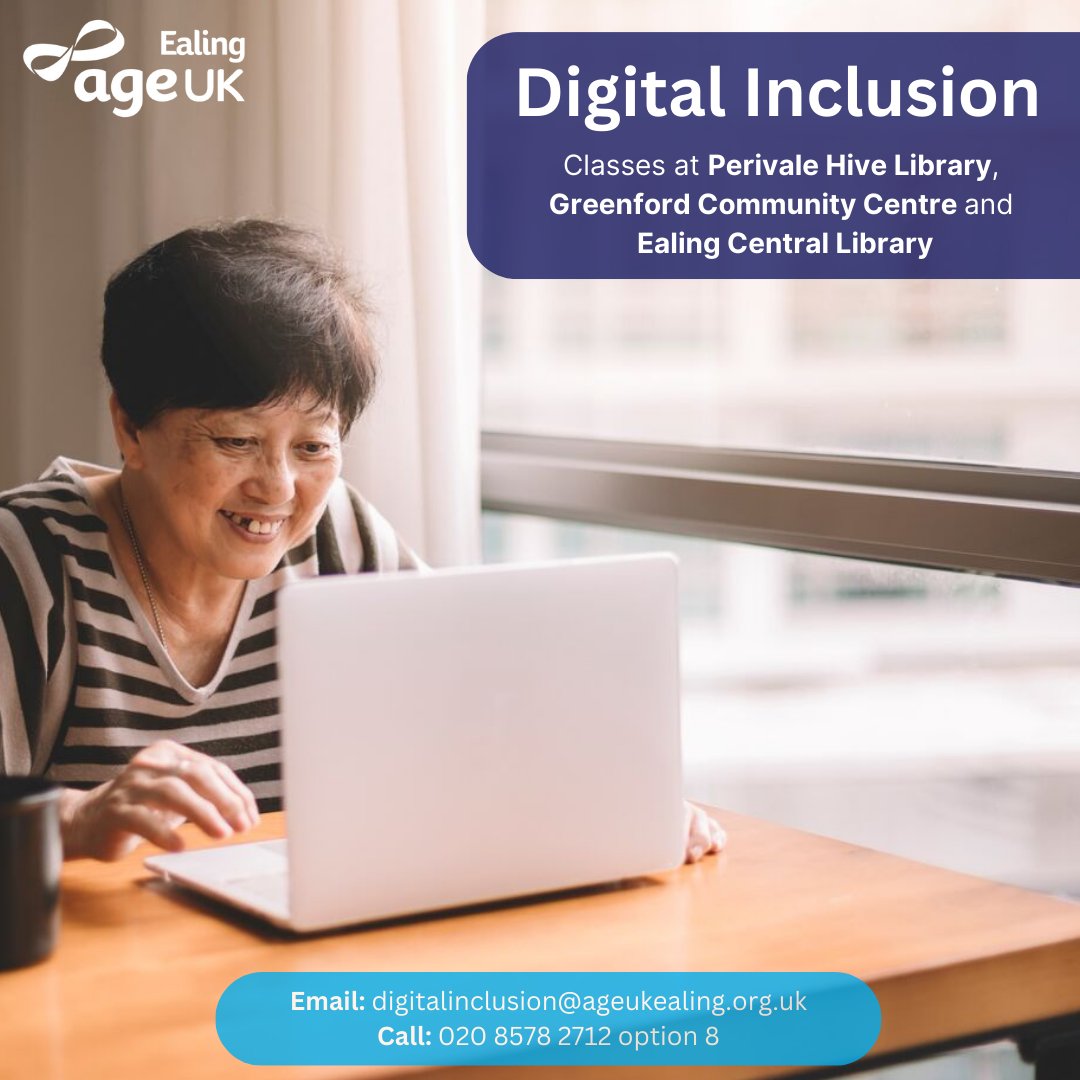 Our #DigitalInclusion classes are now running at Perivale Hive Library, starting next Monday 22nd April.

Other venues include Ealing Central Library and our own Greenford Community Centre. We have classes for beginners and improvers – get in touch for info.