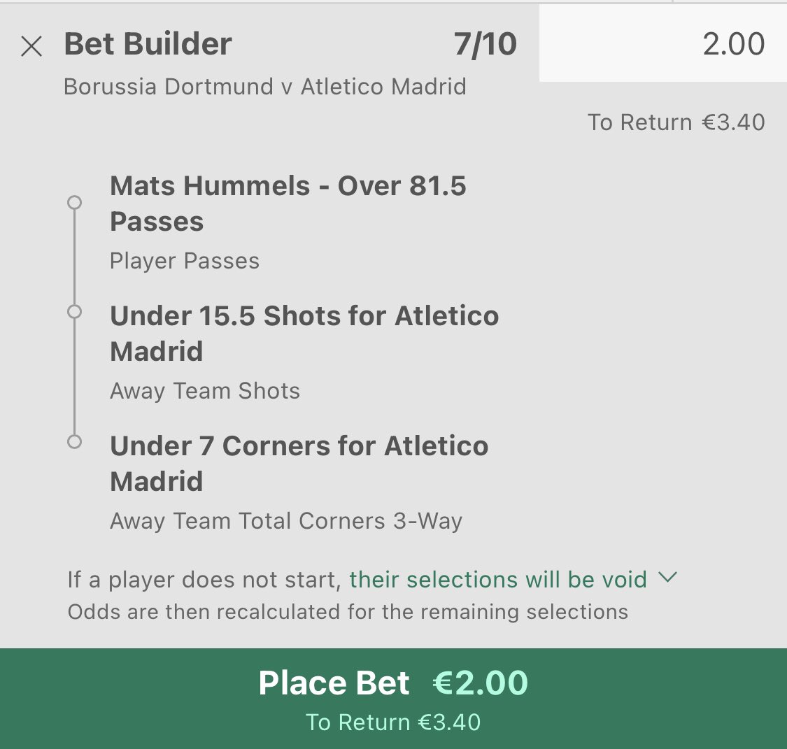 ProofPoints's tweet photo. I expect Atletico to sit in this evening holding a 1 goal advantage. Hummels had 96 in the reverse fixture and expect Dortmund to dominate possession tonight and Atleti to play on the break limiting their shots and corner chances. https://t.co/3vxA7xDWgy