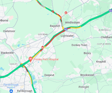 ON HARD SHOULDER BUT VERY SLOW: #M3: One lane closed Southbound due to an accident between J3 #Lightwater and J4 #Camberley