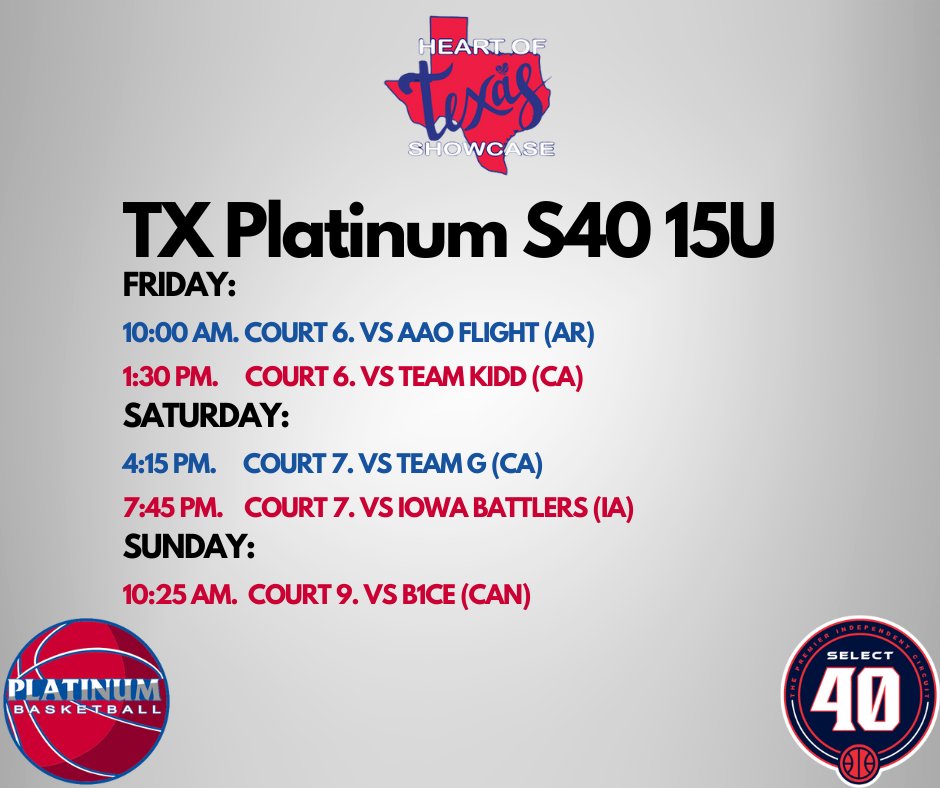 Platinumbball's tweet photo. Schedule and roster for the TX Platinum S40 15U team this weekend at @PBRhoops and @SelectEventsBB Heart of Texas Showcase! Playing teams from around the country and even one from Canada. Great event and a big weekend! 

@bballjkey https://t.co/brnlRpxUhB