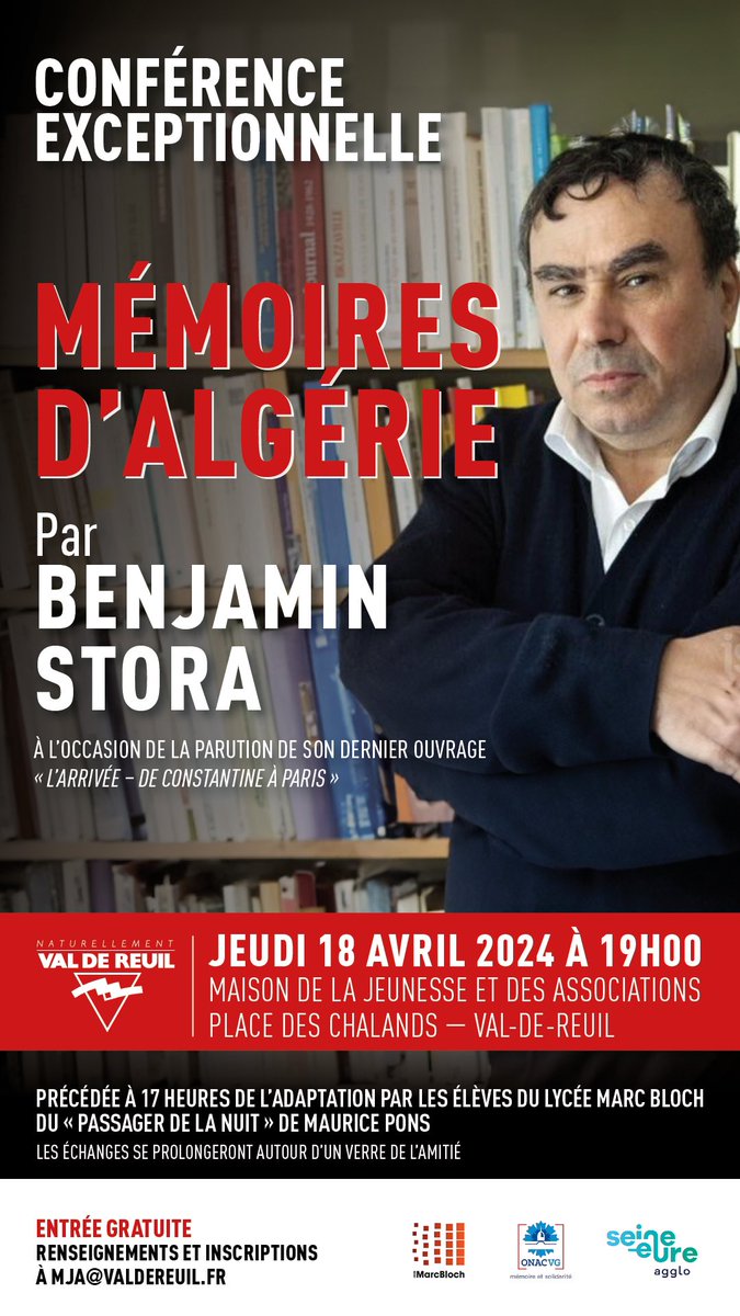 Le célèbre historien Benjamin Stora sera de passage à la Maison de la jeunesse et des associations @valdereuil_info jeudi 18 avril, l’occasion de découvrir son dernier ouvrage !