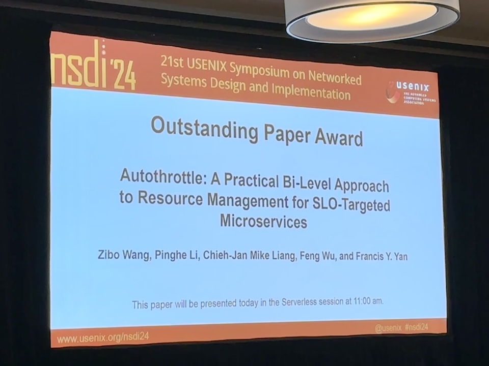 Honored to receive the Outstanding Paper Award for Autothrottle at NSDI '24! Congratulations to everyone involved in this project: our stellar students, Zibo Wang and Pinghe Li, as well as my longtime collaborator Mike Liang. We are elated by this recognition and can't wait to
