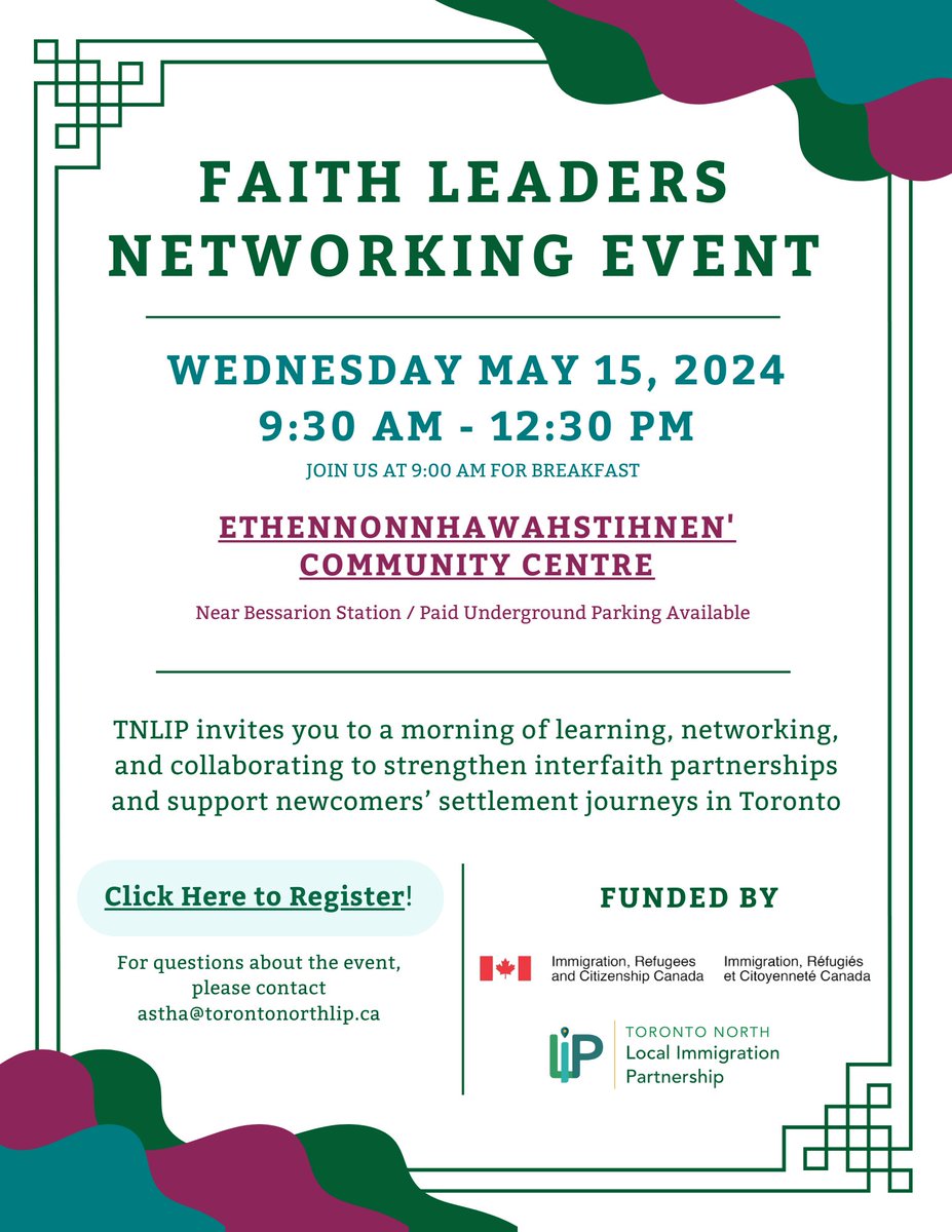 On Wednesday May 15th 2024, TNLIP will hold an intimate networking event for faith leaders from different faith groups to come together and establish a foundation for interfaith collaboration in order to further enhance their capacity to serve diverse newcomers in Toronto.