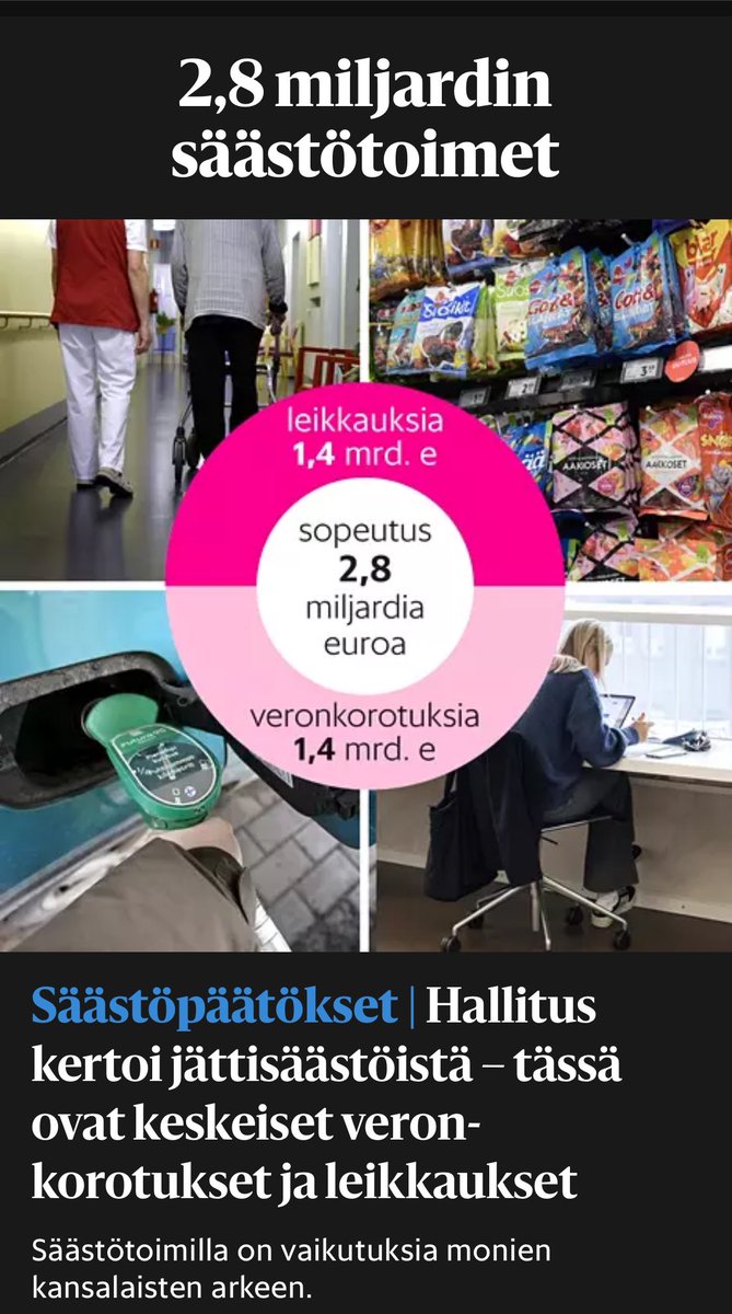 Nykyisen hallituksen ero edelliseen piilee siinä, että tämä hallitus uskaltaa tehdä vaikeita sopeutustoimia, jotta hyvinvointivaltio säilyisi myös tuleville sukupolville. Edellinen ei.
Kiitos @PetteriOrpo @ir_rkp 
#kehysriihi #hallitus #sopeutustoimet