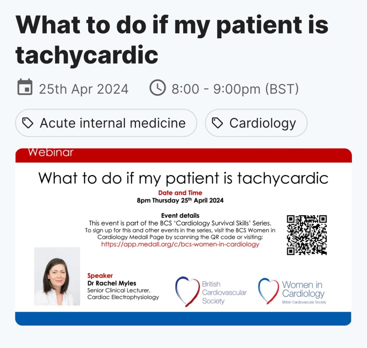 Are you registered for the next Cardiology Survival Skills webinar? app.medall.org/c/bcs-women-in… Feedback about our fabulous speaker, Dr Jenny Rayner: “Best ECG teaching ever” “She demystified ECG reading” “Dynamic, interactive, engaging” “Excellent insight into cardiology career”