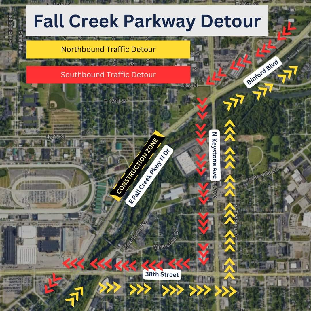 Coming to the Fairgrounds this week? ⚠️PLAN AHEAD⚠️ Fall Creek Parkway, just north of Gate 6, is CLOSED to northbound and southbound traffic through April 30. Click here for open gates and more info >> bit.ly/3W0pZuY