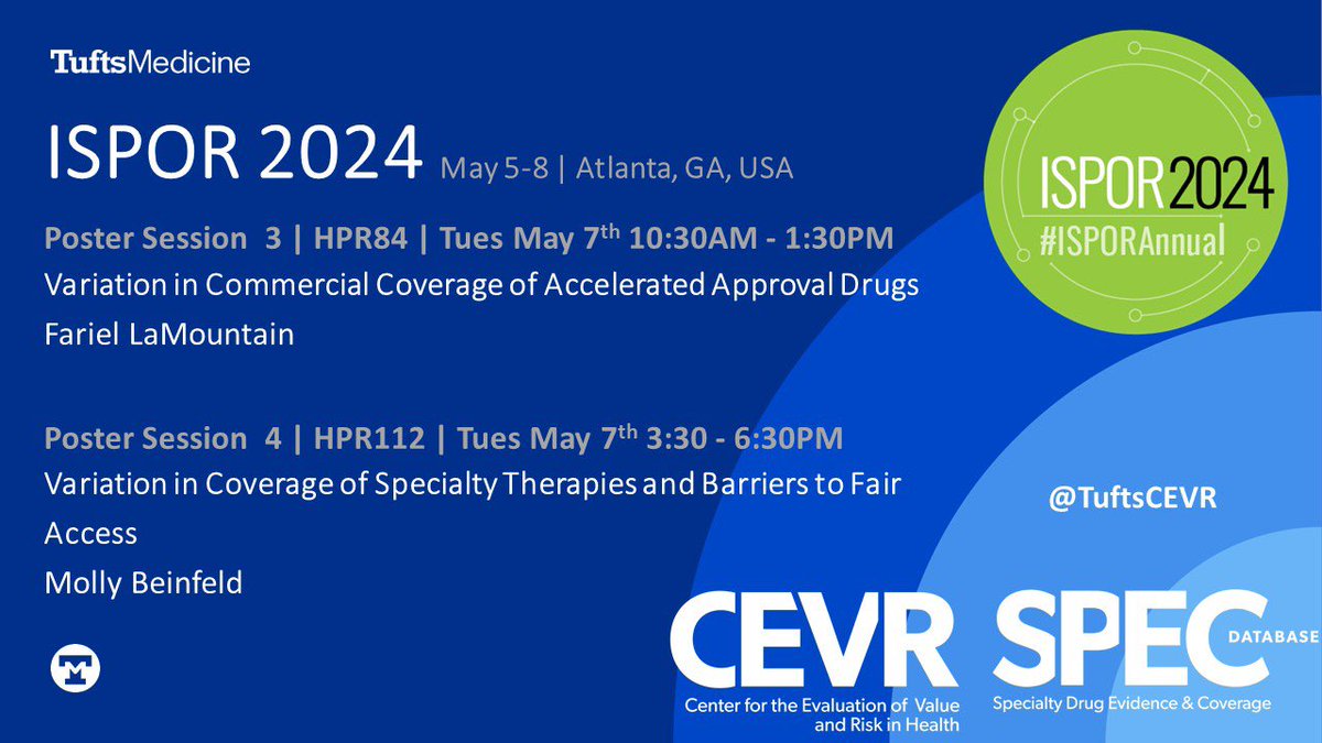 @ISPORorg annual meeting is just around the corner! Excited to be presenting our research using @TuftsCEVR SPEC data. Let’s connect! #isporannual #heor #marketaccess
