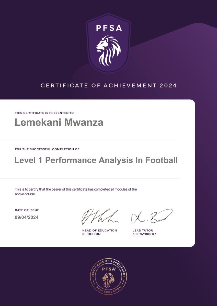 lemekani's tweet photo. LV 1 &amp; LV 2 Performance analysis done, thanks to @ThePFSA, very insightful courses. https://t.co/OJl4wjYAho