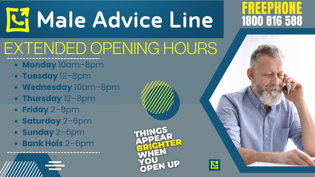 We are delighted to announce the extended opening hours of Ireland’s national Male Advice Line. The National FREEPHONE service (1800 816 588) offers confidential phoneline advice and support to men experiencing domestic, sexual or gender-based violence and abuse.