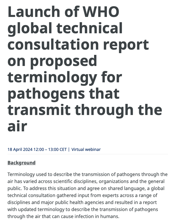 who.int/news-room/even… Registration page for the upcoming WHO webinar about their new report which will try to rename airborne transmission so that Great Barrington Declaration-adjacent airborne-deniers can save face and whitewash history. Register to have your say in the chat